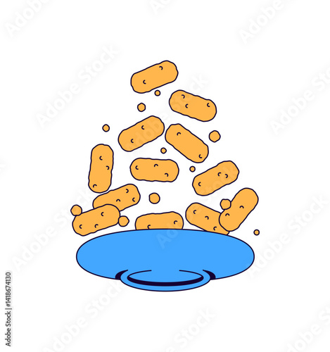 Illustration minimalistic cartoon-style image of chicken nugget pieces leaping joyfully above a blue bowl hand drawn cartoon style vector 