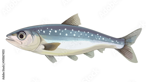 A meticulously rendered digital illustration showcases a juvenile Pacific salmon in profile view against a stark white background.  The artwork exhibits high detail and resolution
