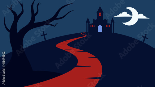 Haunted House and Graveyard Path Halloween Illustration
