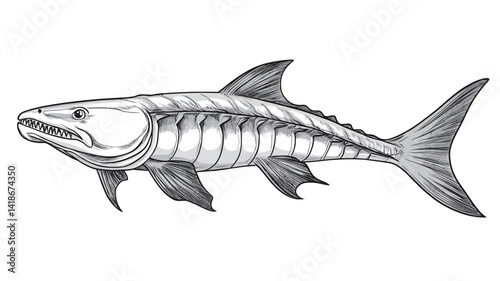A detailed grayscale line drawing of an extinct fish species resembling Ichthyostega. The illustration showcases the fish's skeletal structure through delicate linework