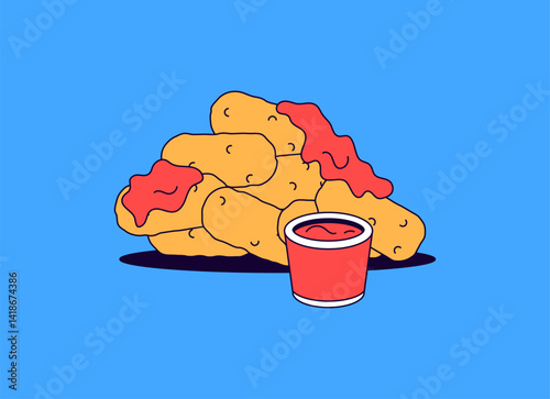 Cartoon illustration pile of golden brown chicken nuggets topped with dollops of red sauce, sitting next to a cheerful dipping cup filled with even more sauce vector hand drawn