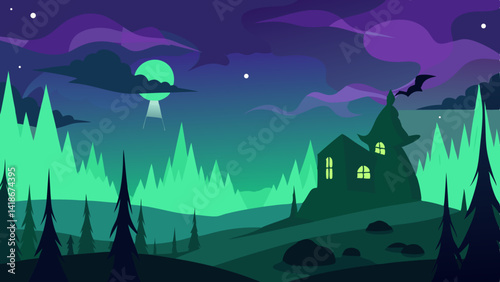 Haunted Forest with Aurora Sky Halloween Background