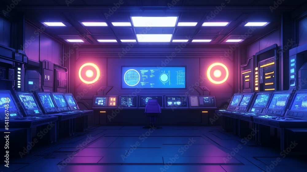 Futuristic Control Room with Glowing Displays and Cyberpunk Aesthetics Futuristic Control Room with Glowing Displays and Cyberpunk Aesthetics