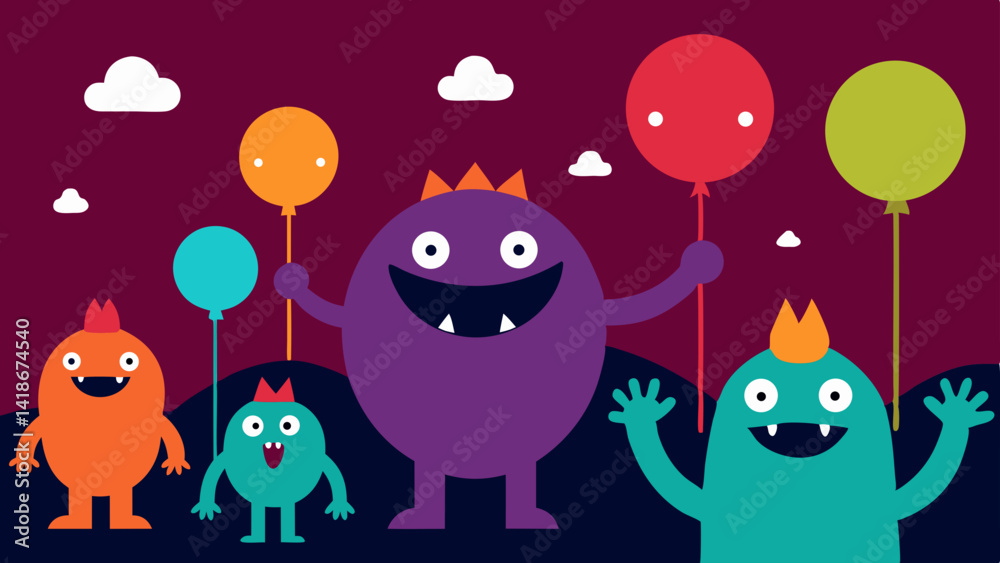 Naklejka premium Cute and Funny Monsters with Balloons Halloween Theme
