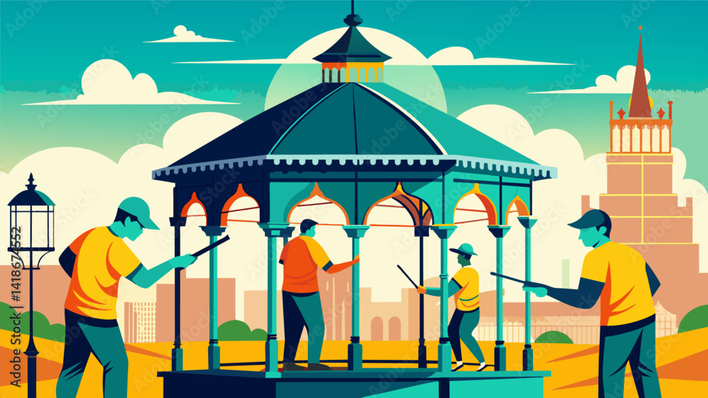Against the skyline volunteers can be seen carefully painting the intricate metalwork of a Victorianera gazebo bringing back its vibrant colors and. Vector illustration
