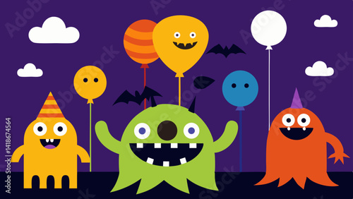 Cartoon Monsters and Balloons Halloween Background