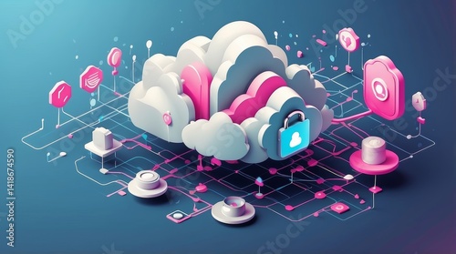 Isometric vector illustration of a secure cloud network with stylized data platforms and padlock symbols