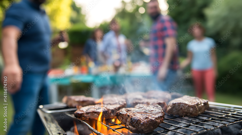 Fototapeta premium Barbecue party with people in the background, grilled steak, grilled meat, fire, summer party, barbecue in the garden, people having fun, family and friends, bbq