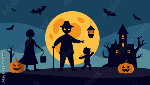 Halloween Trick or Treaters with Lights in Dark Scene