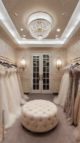Elegant bridal boutique interior with pristine wedding gowns and a plush, tufted ottoman under a sparkling crystal chandelier