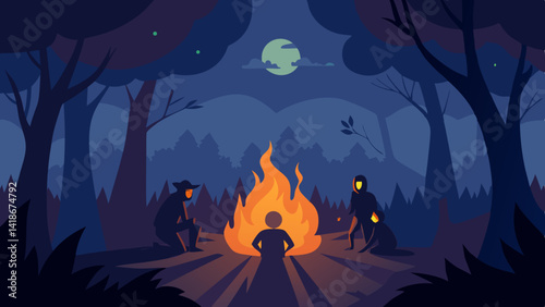 Halloween Campfire in Dark Forest Spooky Story Scene