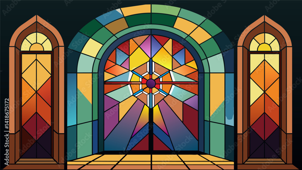 As the natural light changes throughout the day the stained glass window takes on different moods and tones captivating all who lay eyes on it.. Vector illustration