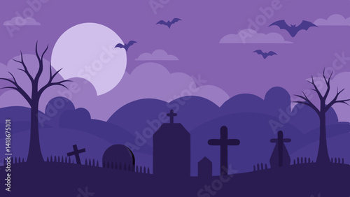 Dark Halloween Graveyard with Fog and Bats Design
