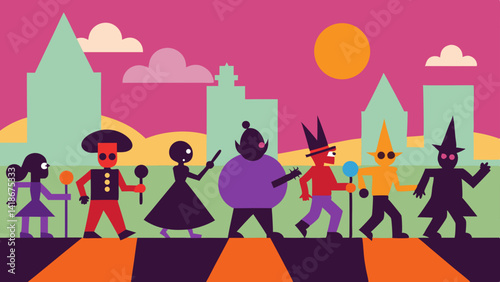 Festive Halloween Parade Scene with Costumed Characters