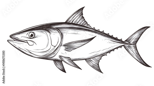 A detailed line art illustration of a tuna fish rendered in monochrome. The illustration showcases the fish's streamlined body, prominent dorsal and pectoral fins