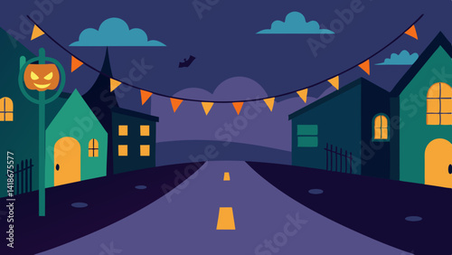 Halloween Street View with Decorations and Lights