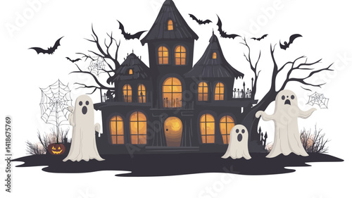 A digitally rendered vector illustration depicts a two-story haunted house in a simplified, cartoonish style. The house is rendered in silhouette