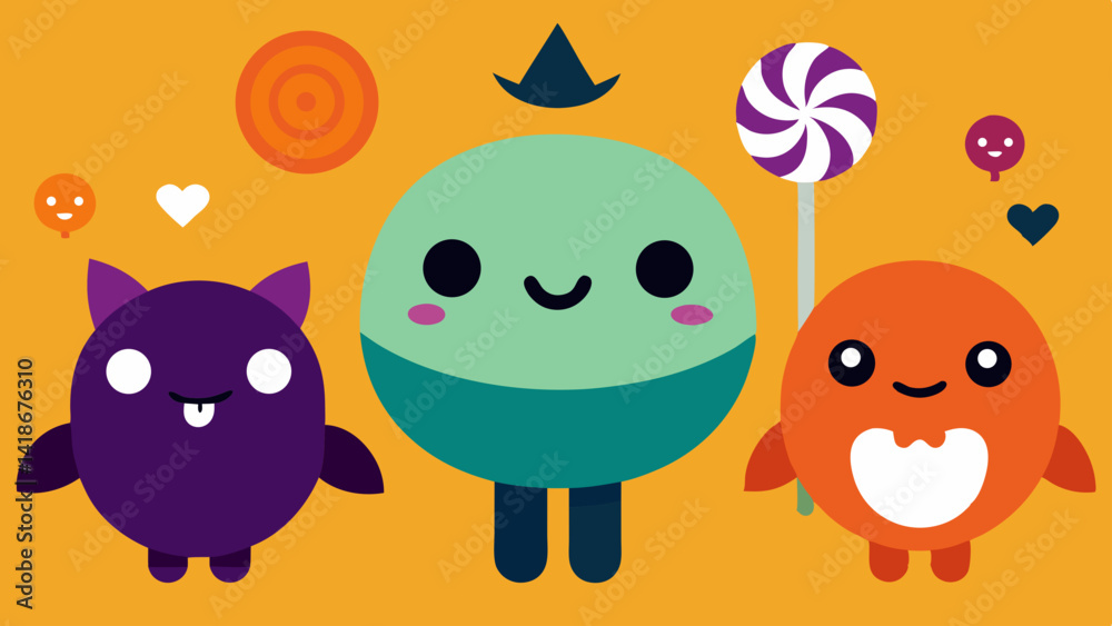 Naklejka premium Playful Halloween Candy Scene with Kawaii Figures