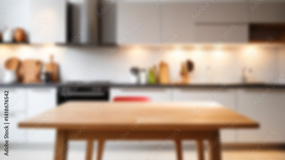 Empty beautiful wood table top counter and blur bokeh modern kitchen interior background in clean and bright, Banner, Ready for product montage. Kitchen room blurred background. Empty beautiful wood table top counter and blur bokeh modern kitchen interior background in clean and bright, Banner, Ready for product montage. Kitchen room blurred background.
