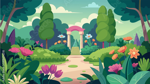Obraz na płótnie An enchanting garden filled with blooming flowers and lush greenery the perfect place to calm your mind and stretch your body.. Vector illustration w salonie