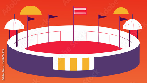 Large Round Arena Illustration with Cages and Signage