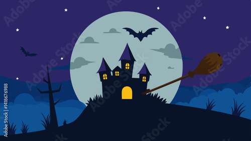 Spooky Halloween Night Scene with Broomstick in Moonlight