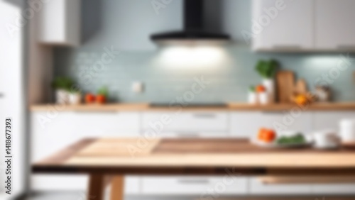 Empty beautiful wood table top counter and blur bokeh modern kitchen interior background in clean and bright, Banner, Ready for product montage. Kitchen room blurred background.