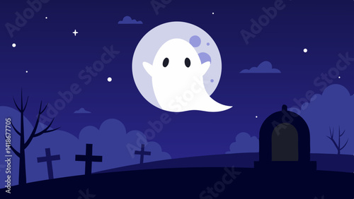 Moonlit Halloween Graveyard Scene with Ghosts