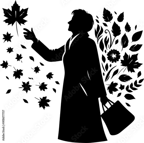 elderly woman enjoying falling leaves silhouette with floral design  
