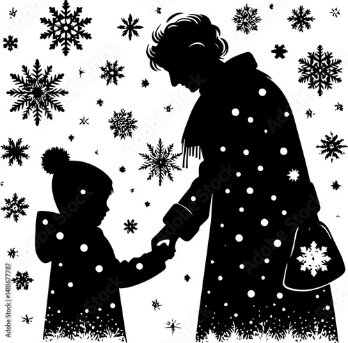 elderly woman comforting child in winter snowfall silhouette  