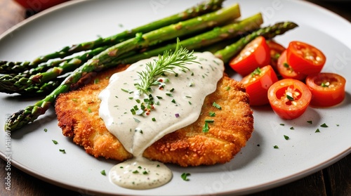 Crispy breaded chicken schnitzel topped with creamy sauce, garnished with fresh herbs, alongside vibrant asparagus and lemon wedges on a plate