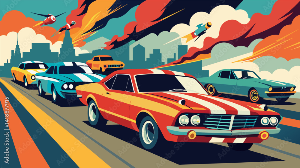 A gathering of vintage muscle cars with their imposing bodies and roaring engines creating a spectacle of power and speed as they parade through town.. Vector illustration