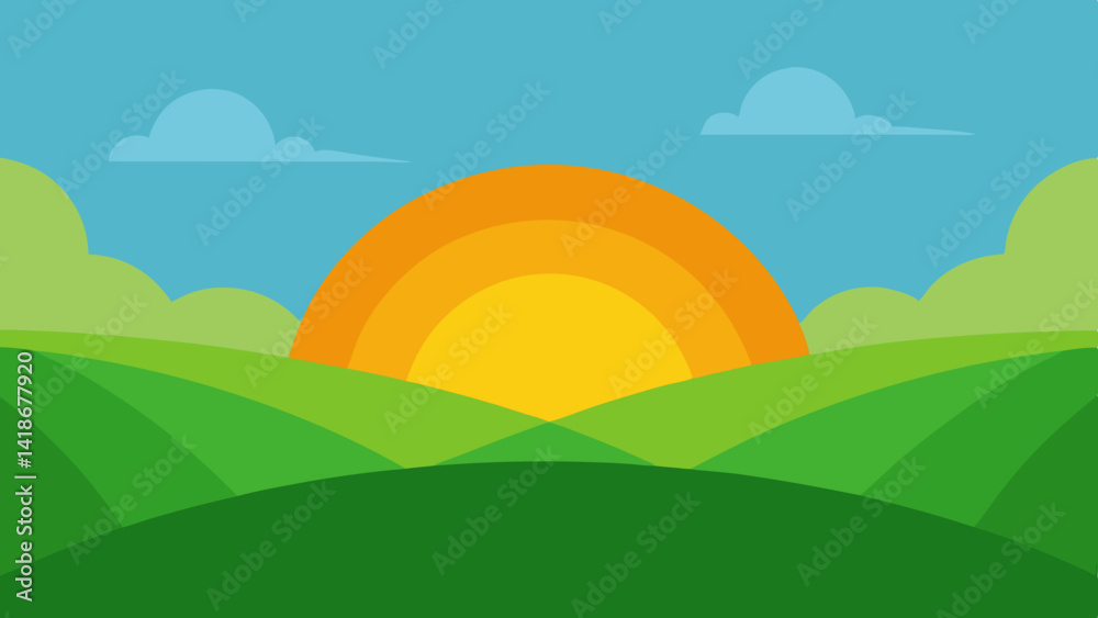 Obraz premium Morning Sunrise Over Green Rolling Hills Background