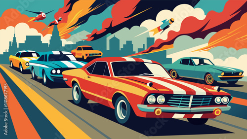 Obraz na płótnie A gathering of vintage muscle cars with their imposing bodies and roaring engines creating a spectacle of power and speed as they parade through town.. Vector illustration w salonie