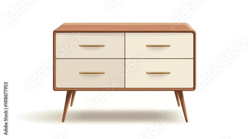 A full frontal, digitally rendered image of a mid-century modern style four-drawer dresser. The dresser features a light cream or beige colored body with a warm, medium-brown wood top and base.
