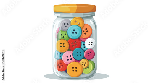 A digitally rendered illustration showcases a transparent glass jar with a yellow lid filled with a diverse collection of colorful buttons. The buttons exhibit variations in size