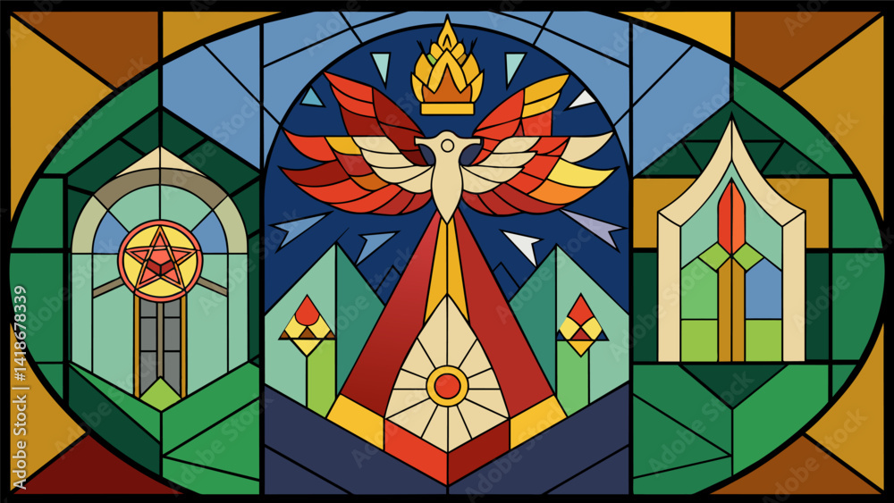 Each fragment of glass holds a story and the artist expertly weaves them together to create a meaningful and symbolic scene in the stained glass. Vector illustration