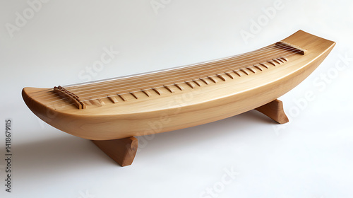 A wooden boat with a stringed instrument on top of it