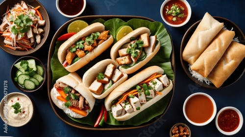 Wallpaper Mural Delicious Vietnamese banh mi sandwiches with grilled chicken, pickled vegetables, and fresh herbs, served alongside vibrant dipping sauces and refreshing iced drinks Torontodigital.ca