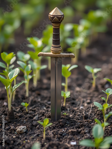 A sword planted amidst burgeoning seedlings, a symbolic image of growth and conflict.