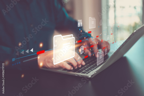 Hand use search engine for find data document management system detect or discover and online file transfer download or sharing and database service on computer network analytics concepts