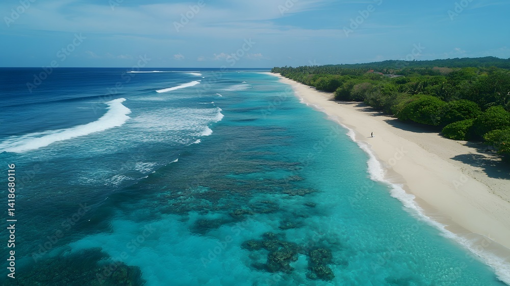 Aerial View, Turquoise Ocean Water, Sand Beach, Tropical Island, Forest, Waves Aerial View, Turquoise Ocean Water, Sand Beach, Tropical Island, Forest, Waves