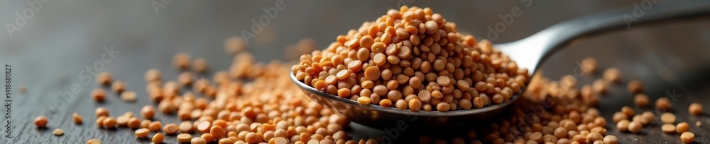 Close-up of chia seeds heaped on a metal spoon, food, nutrition