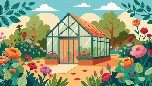 A quaint greenhouse sits amidst a sprawling garden filled with blooming roses wildflowers and exotic plants. The warm and humid air along with the. Vector illustration