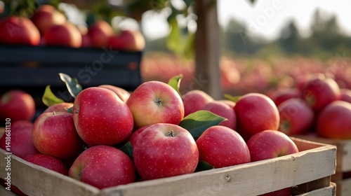 Close-up of ripe red apples piled in wooden crates under sunlight. The background features an orchard with more crates creating a harvesting scene