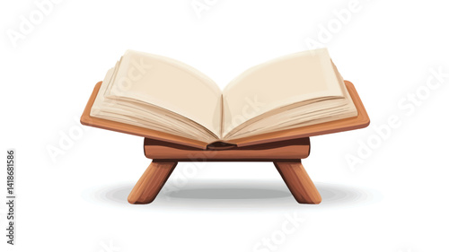 A digital illustration depicts an open book resting on a simple, A-frame wooden lectern. The book's pages are a creamy off-white, exhibiting subtle textural variations suggestive of paper