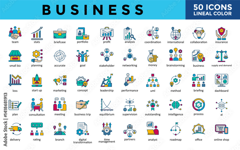 Business icons set with team, stats, briefcase, portfolio, profit, analysis, coordination, international, collaboration, insurance icon. Simple lineal color vector
Business icons set with team, stats, briefcase, portfolio, profit, analysis, coordination, international, collaboration, insurance icon. Simple lineal color vector