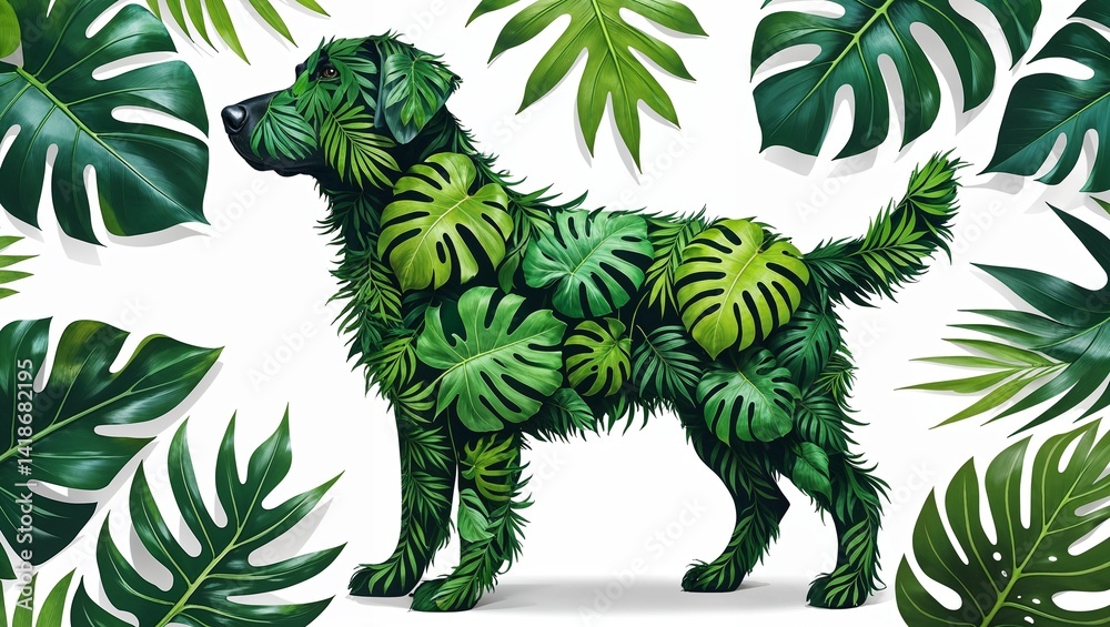 Fototapeta premium A Dog figure using tropical leaves patterns isolated on a white background