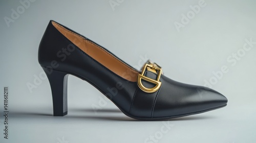 Elegant black leather heeled pump.  Features a pointed toe and a gold-toned buckle detail photo