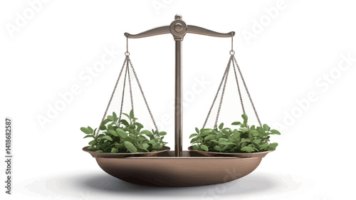 A digitally rendered image showcases a bronze-toned scale with two shallow pans, each containing vibrant green potted herbs.  The herbs appear identical in size and fullness
